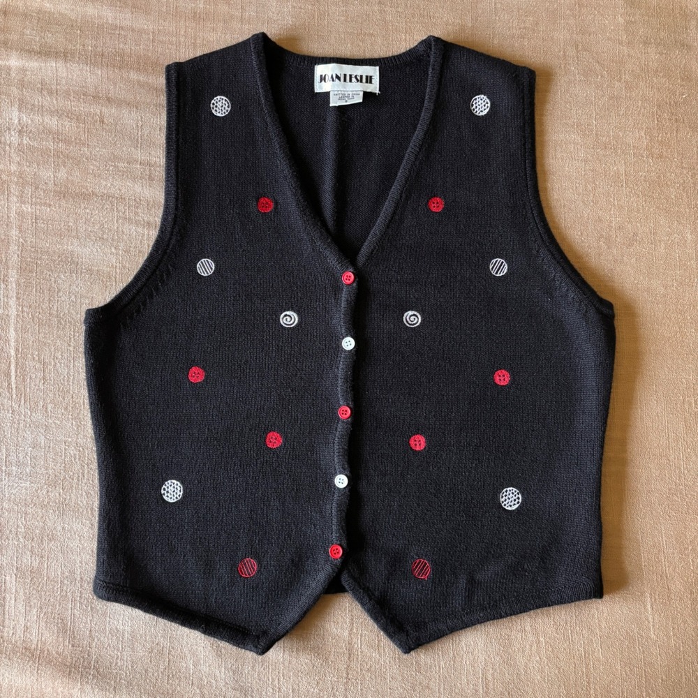 Joan Leslie Vest Polka Dot Knit S Ramie Cotton Black Red Whimsigoth Retro 90s - Picture 1 of 6